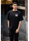 Unisex Bisiklet Yaka Baskılı Oversize T-Shirt - Siyah