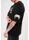 Unisex Bisiklet Yaka Baskılı Oversize T-Shirt - Siyah