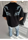 Unisex Bisiklet Yaka Baskılı Oversize T-Shirt - Siyah