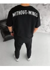 Unisex Bisiklet Yaka Baskılı Oversize T-Shirt - Siyah