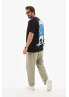 Unisex Bisiklet Yaka Baskılı Oversize T-Shirt - Siyah