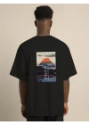 Unisex Bisiklet Yaka Baskılı Oversize T-Shirt - Siyah