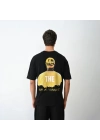Unisex Bisiklet Yaka Baskılı Oversize T-Shirt - Siyah
