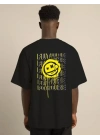 Unisex Bisiklet Yaka Baskılı Oversize T-Shirt - Siyah