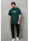 Unisex Bisiklet Yaka Baskılı Oversize T-Shirt - Yeşil