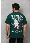 Unisex Bisiklet Yaka Baskılı Oversize T-Shirt - Yeşil