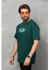 Unisex Bisiklet Yaka Baskılı Oversize T-Shirt - Yeşil