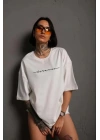 Unisex Bisiklet Yaka Baskılı T-Shirt - Beyaz