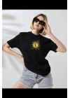 Unisex Bisiklet Yaka Baskılı T-Shirt - Siyah