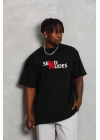 Unisex Bisiklet Yaka Double Oversize Baskılı T-Shirt - Siyah