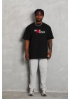 Unisex Bisiklet Yaka Double Oversize Baskılı T-Shirt - Siyah