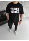 Unisex Bisiklet Yaka Katlanan Baskılı T-Shirt - Siyah