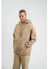 Unisex Double Oversize Kapşonlu Yıkamalı SweatShirt - Bej