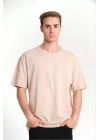 Unisex Düz Biskilet Yaka Oversize T-shirt - Bej