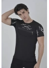 Unisex Göğüs Fermuarlı Baskılı T-Shirt - Siyah