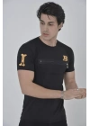 Unisex Göğüs Fermuarlı Baskılı T-Shirt - Siyah