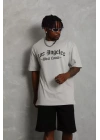 Unisex Oversize Baskılı Bisiklet Yaka T-Shirt - Gri
