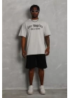Unisex Oversize Baskılı Bisiklet Yaka T-Shirt - Gri