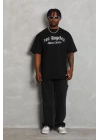 Unisex Oversize Baskılı Bisiklet Yaka T-Shirt - Siyah