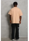 Unisex Oversize Düz Bisiklet Yaka T-Shirt - Bej