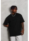 Unisex Oversize Düz Bisiklet Yaka T-Shirt - Siyah