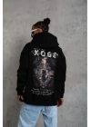 Unisex Sırt Baskılı Kapüşonlu Üç İplik Oversize Sweatshirt - Siyah