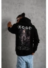 Unisex Sırt Baskılı Kapüşonlu Üç İplik Oversize Sweatshirt - Siyah
