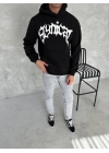 Unisex Üç İplik Kapşonlu Baskılı SweatShirt - Siyah