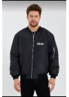 Unisex Uzun Kol Baskılı Bomber Ceket - Siyah
