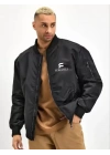 Unisex Uzun Kol Baskılı Bomber Ceket - Siyah