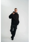 Unisex Uzun Kol Kapşonlu Yıkamalı Nakışlı SweatShirt - Siyah