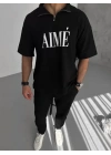 Unisex Yarım Fermuarlı Baskılı T-Shirt - Siyah
