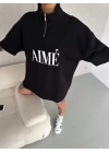 Unisex Yarım Fermuarlı Baskılı T-Shirt - Siyah