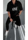 Unisex Yarım Fermuarlı Baskılı T-Shirt - Siyah