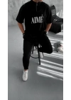 Unisex Yarım Fermuarlı Baskılı T-Shirt - Siyah