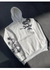 Uzun Kol Kapşonlu Baskılı SweatShirt - Beyaz