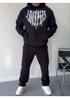 Uzun Kol Kapşonlu Baskılı SweatShirt - Siyah