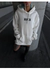 Uzun Kol Kapşonlu Göğüs Baskılı SweatShirt - Beyaz