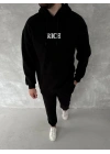 Uzun Kol Kapşonlu Göğüs Baskılı SweatShirt - Siyah