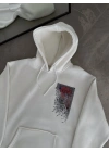 Uzun Kol Kapşonlu Ön Ve Arka Baskılı SweatShirt - Beyaz