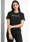 Wafıl Kumaş Tişört Regular Kalıp Bisiklet Yaka Baskılı Günlük Basic T-Shirt - Siyah