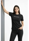 Wafıl Kumaş Tişört Regular Kalıp Bisiklet Yaka Baskılı Günlük Basic T-Shirt - Siyah