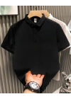 Yakası Düğmeli Yakalı Pike Düz T-Shirt - Siyah