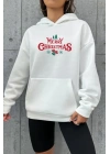 Yılbaşı Merry Christmas Baskılı Oversize Kapüşonlu Sweatshirt Hoodie - Beyaz