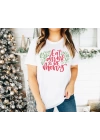 Yılbaşı Noel Baskılı Kısa Kollu Oversize Bisiklet Yaka T-shirt - Beyaz