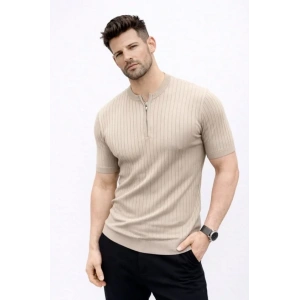 Erkek Kısa Kol Fitilli Triko T-Shirt Yazlık Hakim Yaka Tişört - Bej