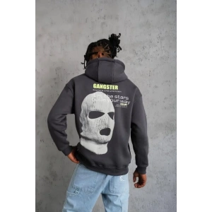 Erkek Kordonlu Maske Baskılı Kapşonlu Sweat - Gri