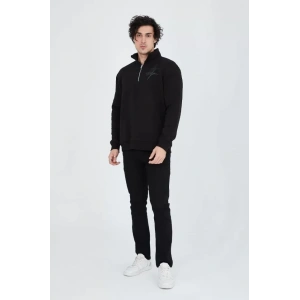 Erkek Yarım Fermuarlı Baskılı Sweat - Siyah