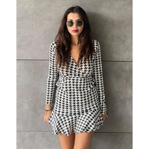 Kadın Uzun Kollu Kruvaze Yaka Kazayağı Mikro Mini Boy Elbise