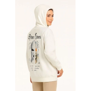 Oversize Üç İplik Şardonlu Kapüşonlu Sweatshirt – Beyaz “Other Lives” Ön Ve Arka Baskılı, Kanguru Cepli, Ribanalı Rahat Kışlık Model Beyaz
